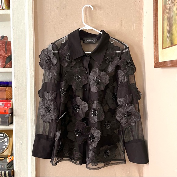 ππ·οΈππ black sheer button up with embellished beaded 3D flowers - Picture 7 of 16